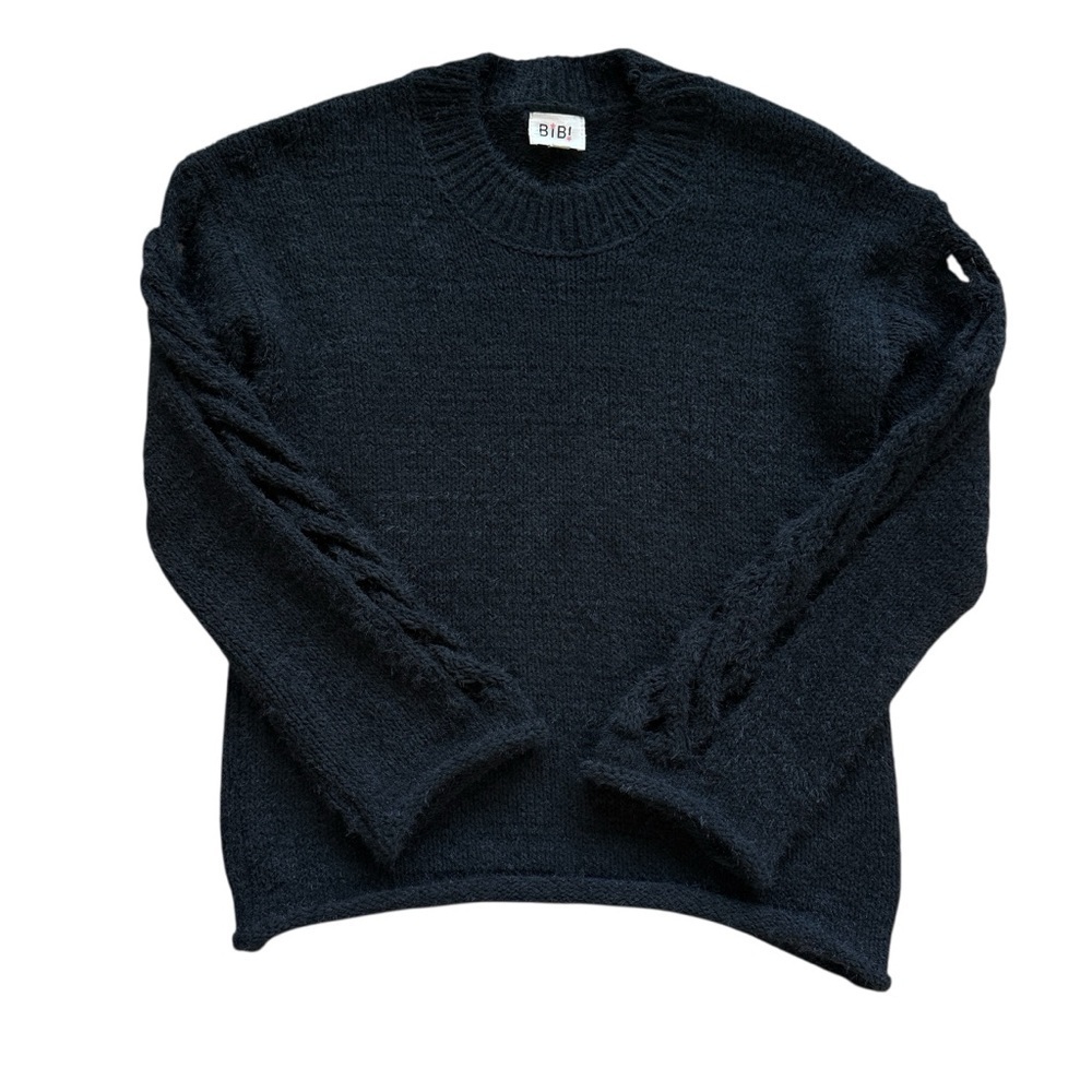 BiBi Women's Black Pullover Sweater Braided Cut Out Sleeve Detail S Fuzzy Knit
